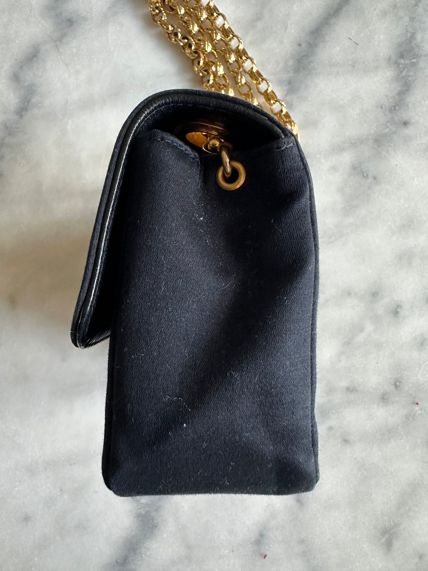 Chanel mini classic single flap bag in black silk