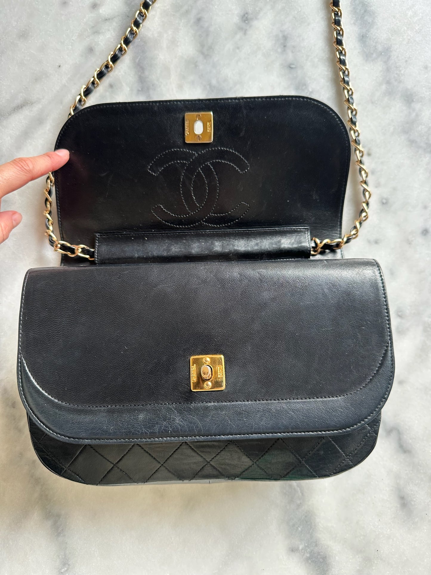 double flap half moon bag