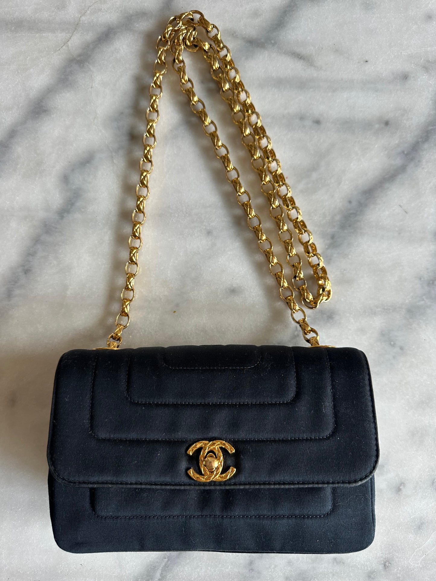 Chanel mini classic single flap bag in black silk