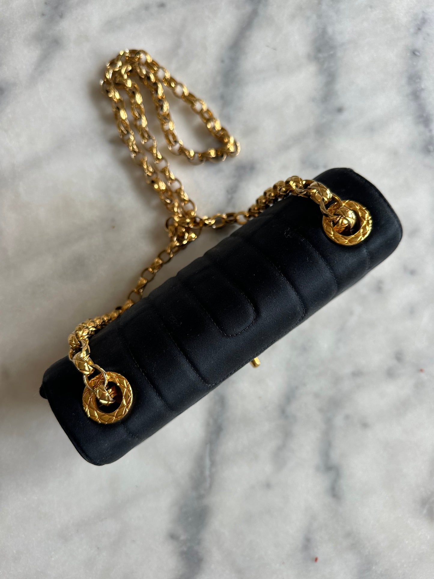 Chanel mini classic single flap bag in black silk