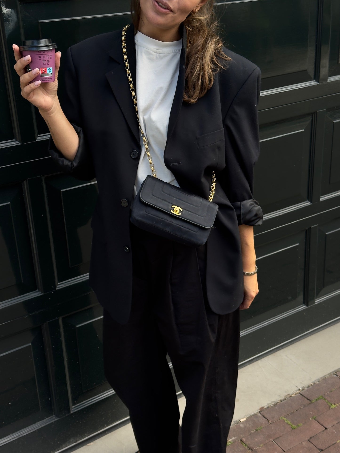 Chanel mini classic single flap bag in black silk