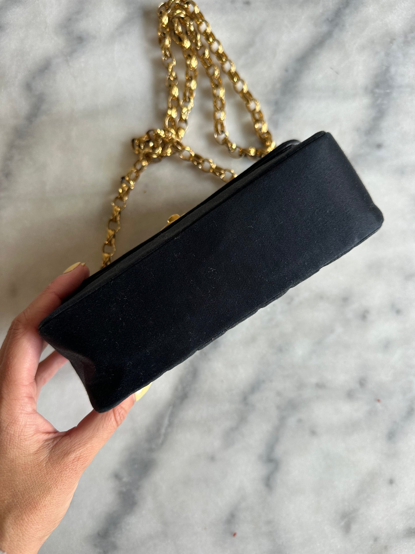 Chanel mini classic single flap bag in black silk