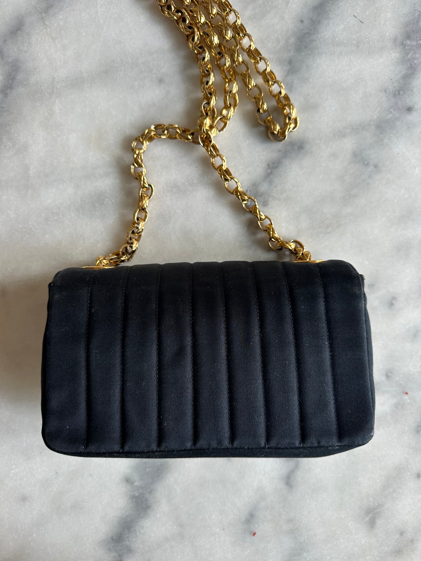 Chanel mini classic single flap bag in black silk