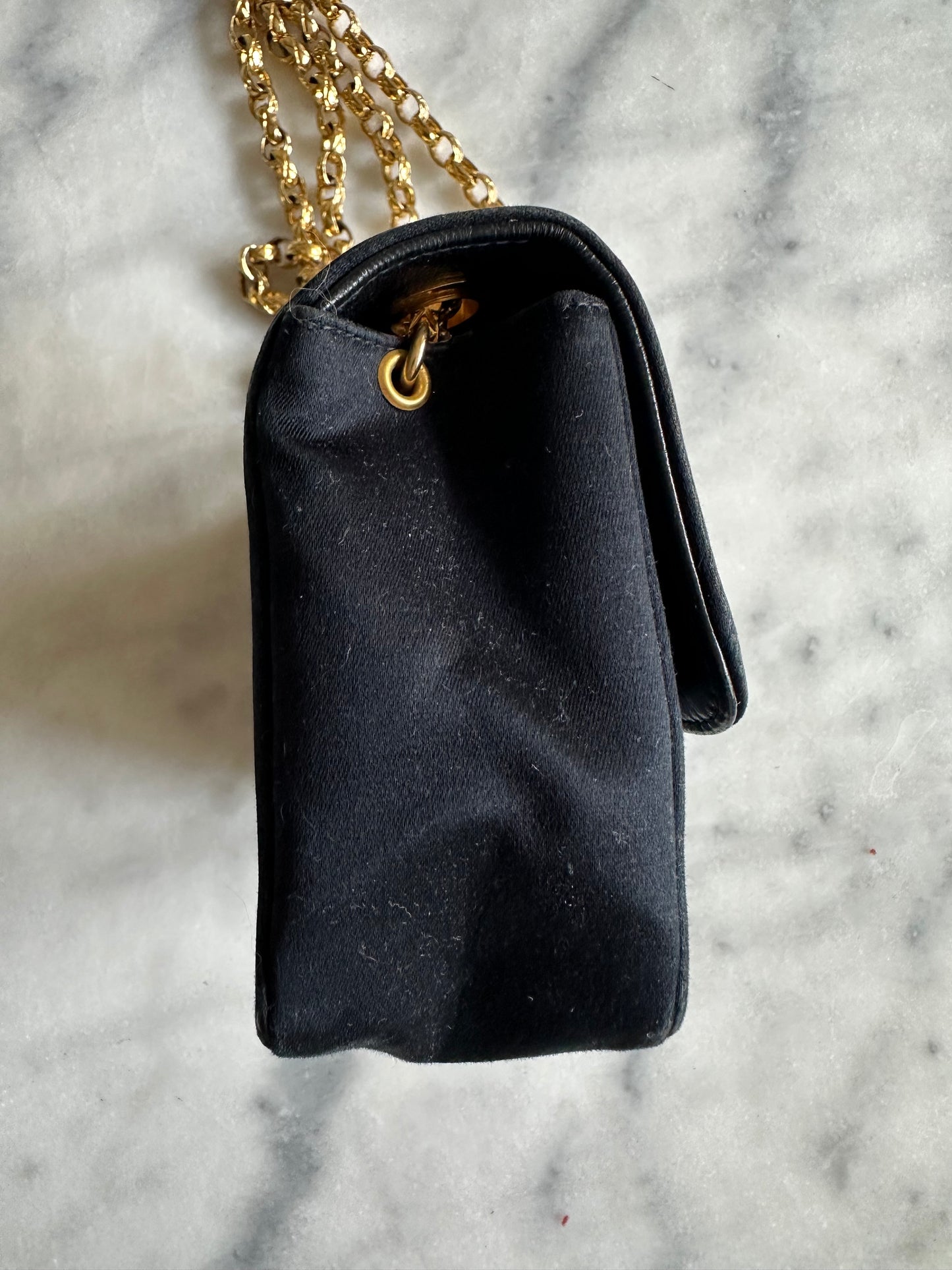 Chanel mini classic single flap bag in black silk