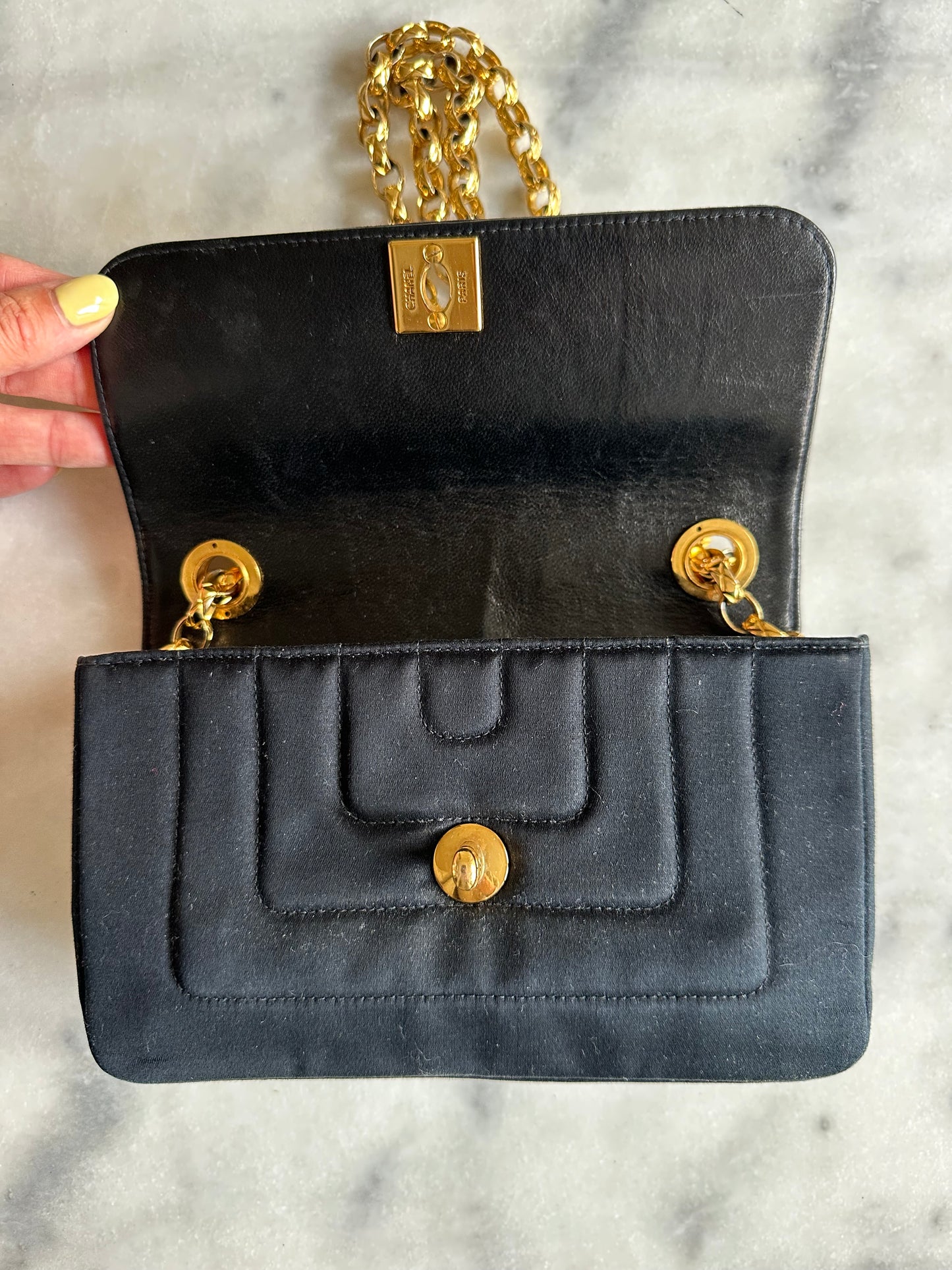 Chanel mini classic single flap bag in black silk